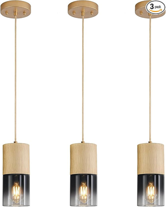 3-Pack Gold Pendant Light Fixtures, Adjustable Modern Black Pendant Lights for Kitchen Island, Industrial Glass Pendant Lights for Dining Table Hallway Bedroom Living Room