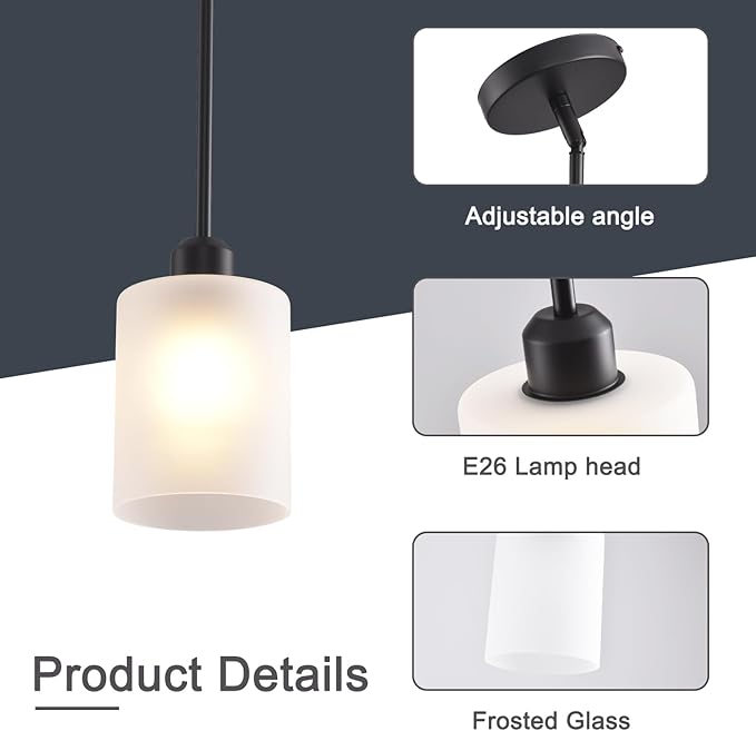 3 Pack Pendant Light Kitchen Island Pendant Lighting, Hanging Light with Frosted Glass Shade, Black Modern Indoor Hanging Lamp