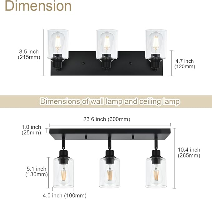 3 Light Metal Bathroom Lighting in Black Finish Interior Wall Mounted Lights Multi-Directional Rotating Metal Ceiling Mount Fixture with Clear Glass Industrial Spotlight for Kitchen Foyer