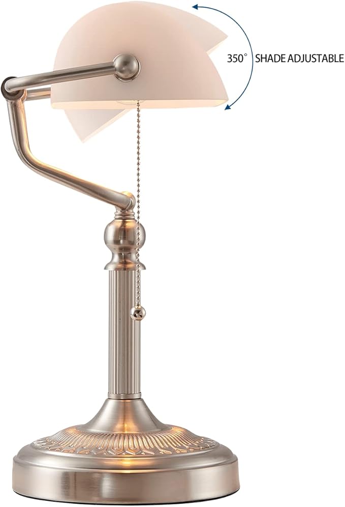 White Matted Glass Bankers Desk Lamp with Pull Chain Switch Plug in Fixture,Sand Nickel Base