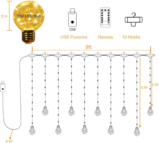 Wishing Ball Fairy Curtain Lights, 200 LED Edison Style Twinkle String Lights with Remote Control, USB Powered Indoor/Outdoor Decor for Bedroom, Christmas, Wedding, Party (Warm White)