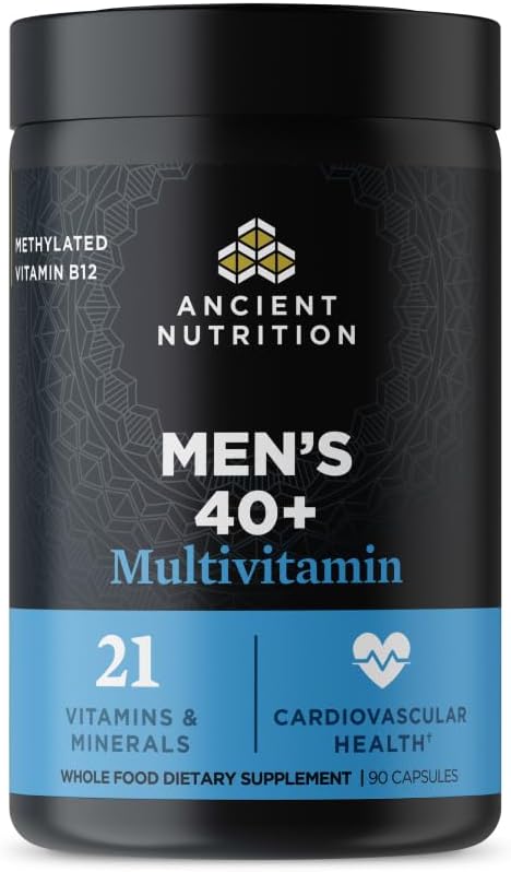 Ancient Nutrition Multivitamines pour hommes, supplément vitaminique quotidien pour hommes de plus de 40 ans, magnésium, vitamines A, B et K2 méthylées, soutient le système immunitaire, 90 capsules