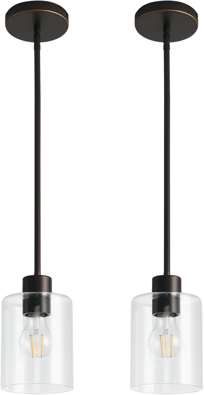 2 Pack Brown and Gold Pendant Lights for Kitchen Island, Modern Brown Hanging Light with Clear Glass Shade, Adjustable Metal Rod Pendant Lighting for Dining Room, Bar, Living Room
