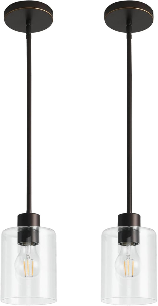 2 Pack Brown and Gold Pendant Lights for Kitchen Island, Modern Brown Hanging Light with Clear Glass Shade, Adjustable Metal Rod Pendant Lighting for Dining Room, Bar, Living Room