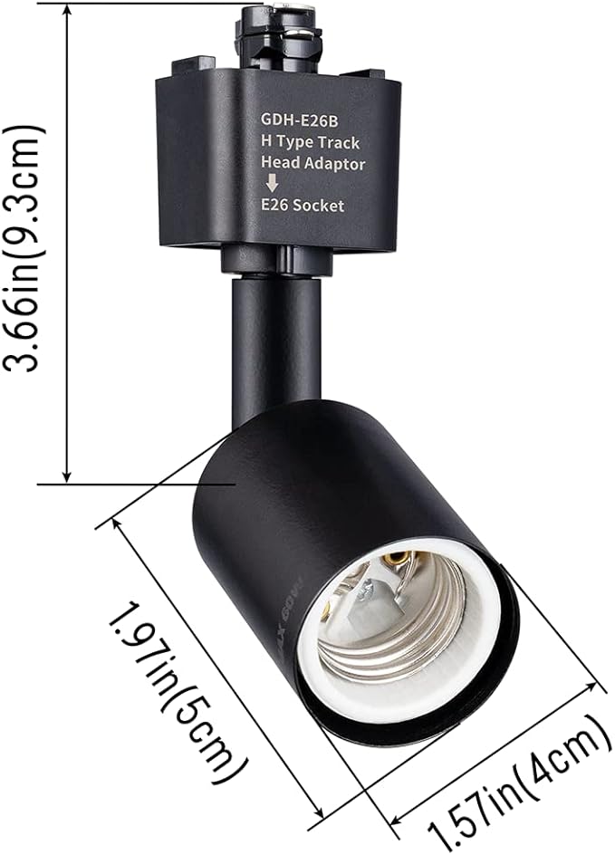 mirrea H Type Track Lighting Head to E26 Medium Screw Base Adapter Light Direction Adjustable Pack of 3 (Black)