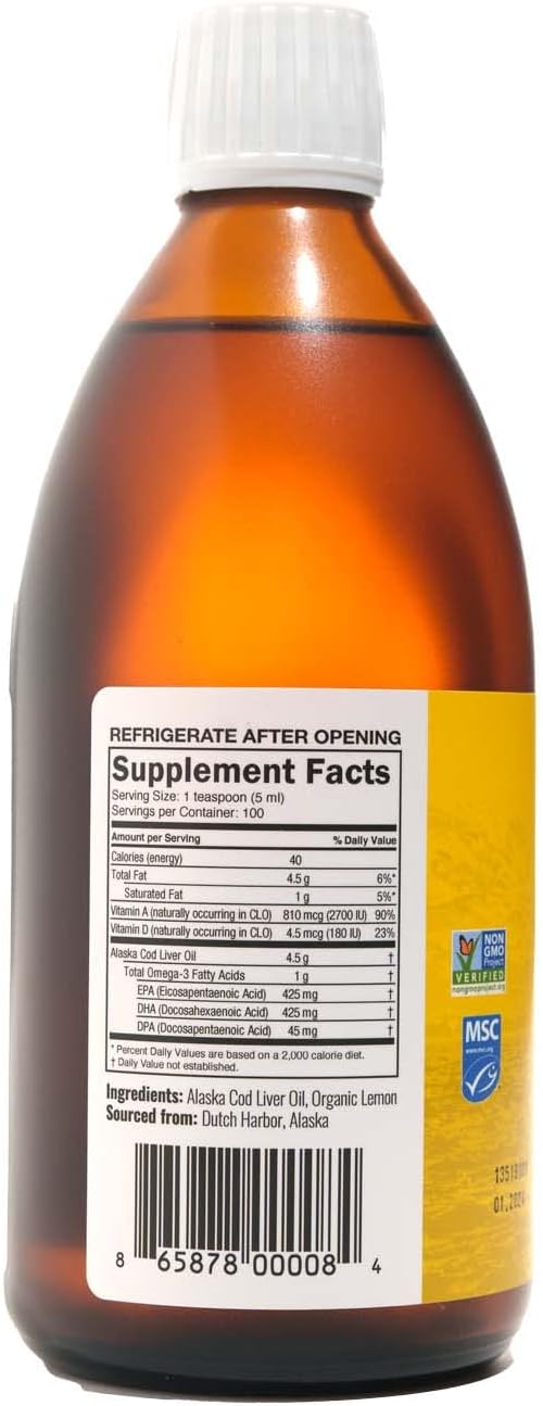 Huile de Foie de Morue Liquide On Target Living Alaskan | Saveur Citron Bio 493 ml | Pêche à la Ligne aux États-Unis | Vitamine D Naturelle | Riche en Oméga 3 DHA/EPA | Certifié Projet Sans OGM