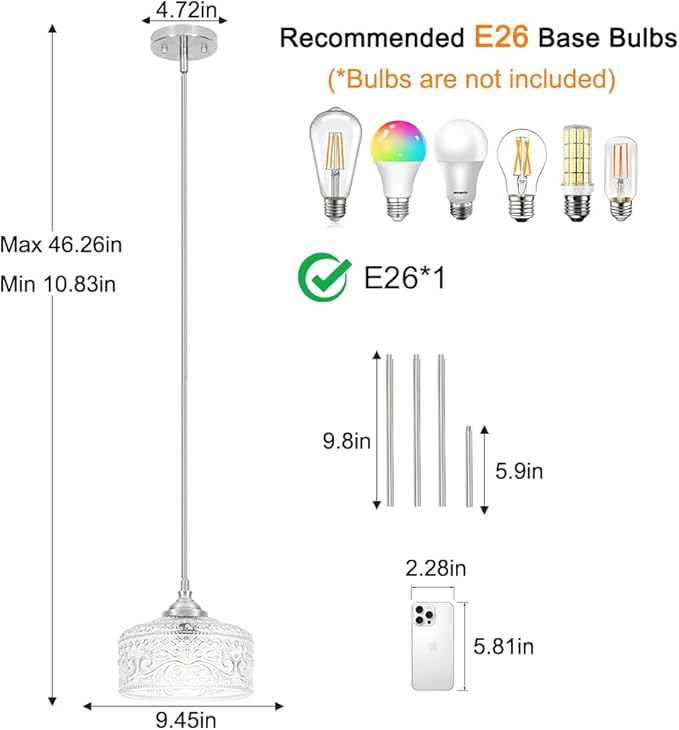 Modern Brushed Nickel Pendant Lights Kitchen Island, Bathroom Pendant Light with Clear Glass, Pendant Lighting over Island with Adjustable Rod, Farmhouse Hanging Light for Dining Room Hallway, E26