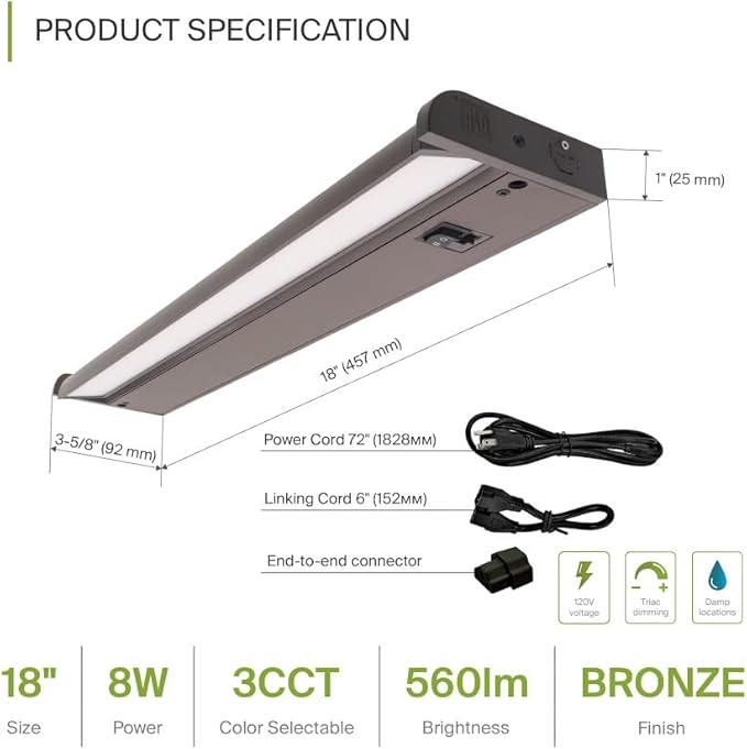 ASD Swivel LED Under Cabinet Lighting Plug in or Hardwired 18 Inch, Dimmable Under Cabinet Lights with High/Low/Off Switch, 3CCT 2700K-4000K, Linkable Under Counter Lights for Kitchen, Bronze, ETL