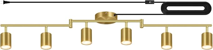 Plug in Track Lighting LED, Track Lighting Fixtures Ceiling, Gold 6-Light Kitchen Light Kit, Plug in Wall Light with 14.8ft Power Cord, Rotatable Ceiling Spotlight for Bedroom(GU10 Socket, NO Bulb)