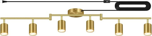 Plug in Track Lighting LED, Track Lighting Fixtures Ceiling, Gold 6-Light Kitchen Light Kit, Plug in Wall Light with 14.8ft Power Cord, Rotatable Ceiling Spotlight for Bedroom(GU10 Socket, NO Bulb)