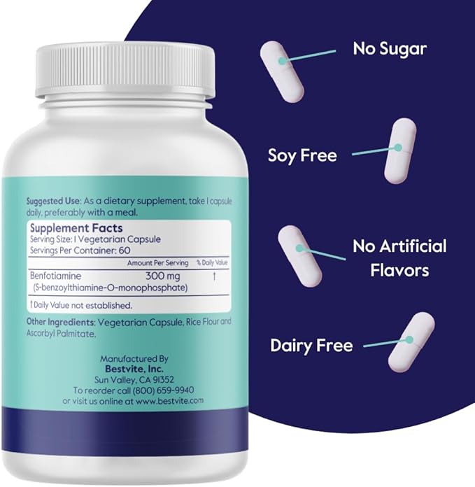 ベンフォチアミン 300mg (ベジタリアンカプセル120粒) (60x2) ステアリン酸塩不使用 - 二酸化ケイ素不使用 - ヴィーガン - 非遺伝子組み換え - グルテンフリー