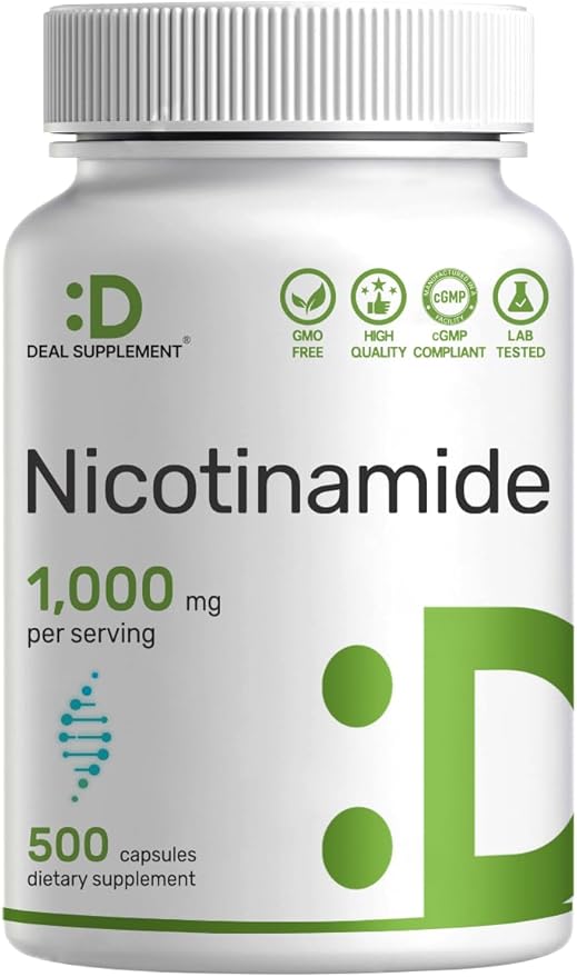 Vitamine B3 Niacinamide 1 000 mg par dose – 500 gélules, Niacine sans rougeurs, B3 essentielle – Soutient la santé de la peau et la production d'énergie – Sans OGM