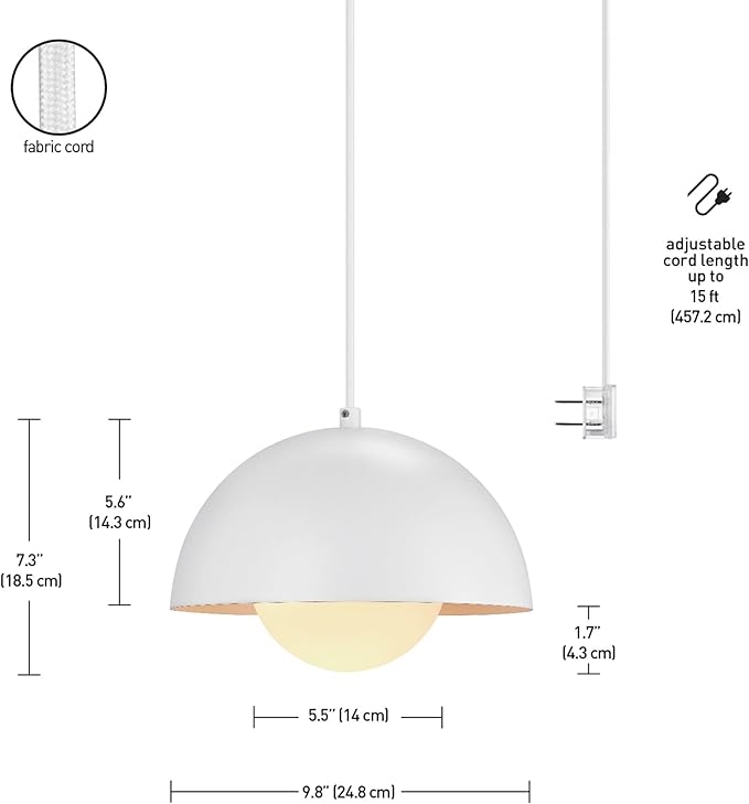 Globe Electric Amelia 1-Light Plug-in Pendant Lighting, Matte White, White Glass Shade, Bulb Not Included