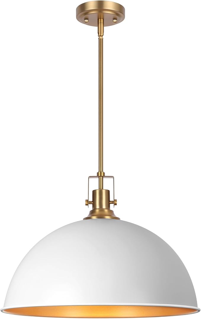 LamQee 18 Inch White and Gold Large Pendant Light Kitchen Island, Farmhouse Modern Dome Pendant Light Fixtures Ceiling Hanging Lighting Chandelier for Dining Room Over Table, Bar, Hallway, Entryway