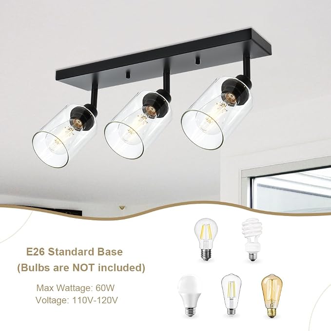 3 Light Metal Bathroom Lighting in Black Finish Interior Wall Mounted Lights Multi-Directional Rotating Metal Ceiling Mount Fixture with Clear Glass Industrial Spotlight for Kitchen Foyer