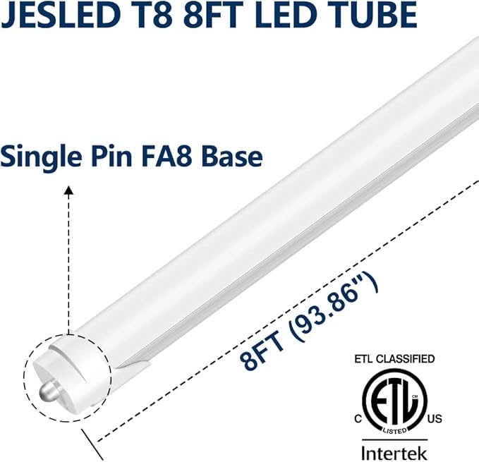 JESLED T8 T10 T12 8FT LED Tube Light Bulbs, 50W 6000LM, 5000K Daylight White, Single Pin Fa8 LED Replacement for Fluorescent Fixture, Frosted, Ballast Bypass, Warehouse Workshop Garage Lights 12-Pack