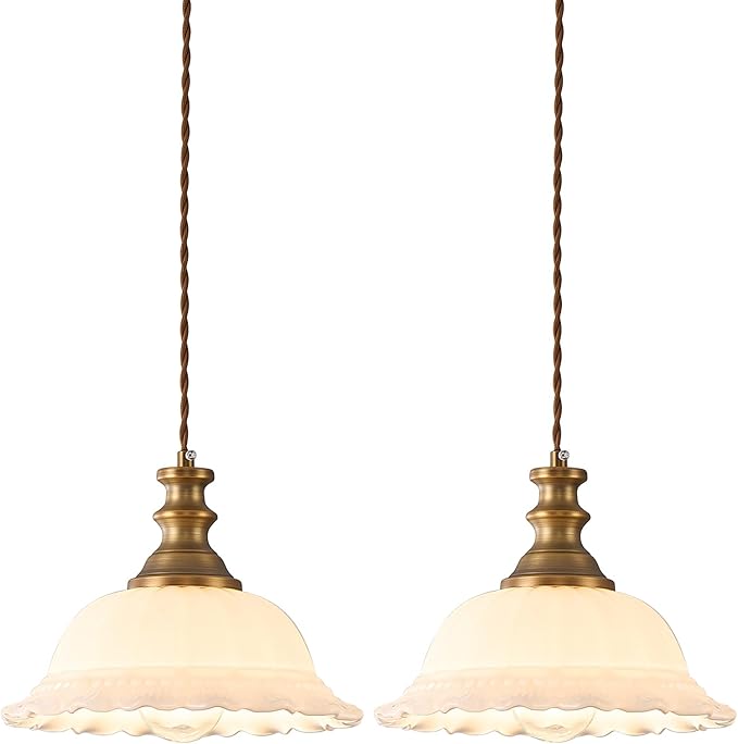 HDDFL Glass Pendant Lights Modern Pendant Lighting Fixtures Hanging Lamp for Kitchen Island Bedroom Dining Room Coffee Shop Hallway White and Brass 2 Pack