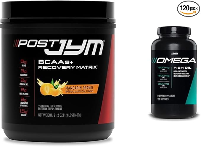 Post JYM Active Matrix Post-Workout Powder with BCAAs, Glutamine & Omega JYM Fish Oil Capsules with 1500mg DHA & EPA for Muscle Growth, Strength, Endurance & Recovery - 30 Servings & 120 Softgels