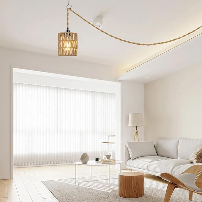 Boho Plug in Pendant Light, Hanging Light with Plug in Cord, Ceiling Lamp Rattan Cylinder Lamp Shade On-Off Switch, Hanging Plant Shelf Shelves Bohemian Decor for Bedroom Living Room Corner