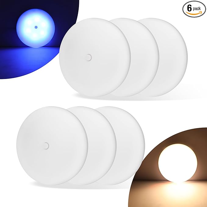 RV Puck Light 5Inch, Dimmable RV Light Fixture 12V, Camper Interior Light with Inbuilt Dimmer Switch, RV Ceiling Light for Boat Camper Trailer Car(Dimmable Warm White& Blue Nightlight, 6PCS)