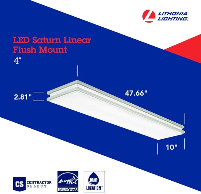 Lithonia Lighting Saturn 4 Foot LED Kitchen Light Fixture, Linear Flush Mount Ceiling Light, 4000K Cool White, 3206 Lumens, 120 Volts, 39 Watts, Damp Listed, Brushed Nickel (FMFL 30840 SATL BN)