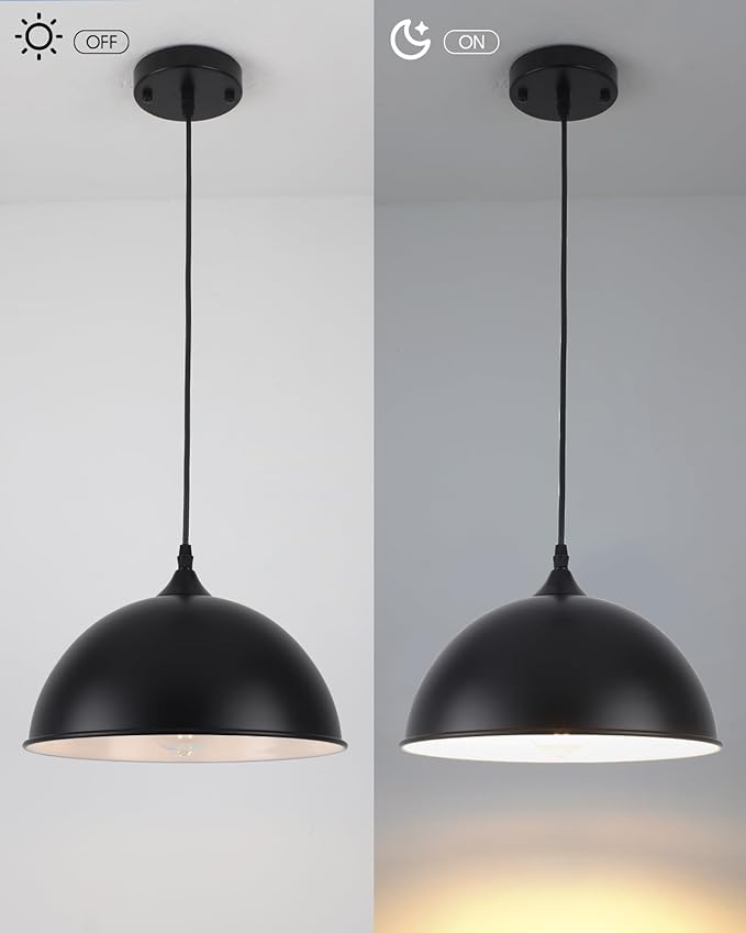 Black Pendant Lights Kitchen Island 2 Pack, 11.8" Farmhouse Dome Pendant Light, Adjustable Height Island Pendant Lights for Dining Room Bedroom
