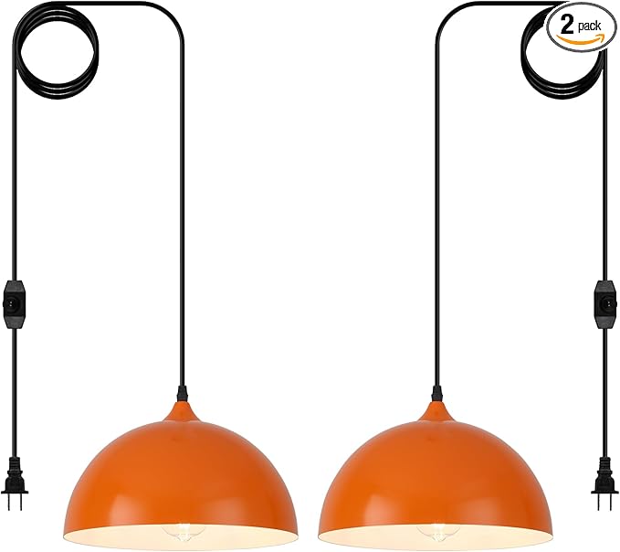 Orange Plug in Pendant Light 2 Packs 11.8inch, Modern Pendant Light, Kitchen Pendant Lights, Pendant Lights Kitchen Island, Hanging Lights with Plug in Cord 14.7 ft