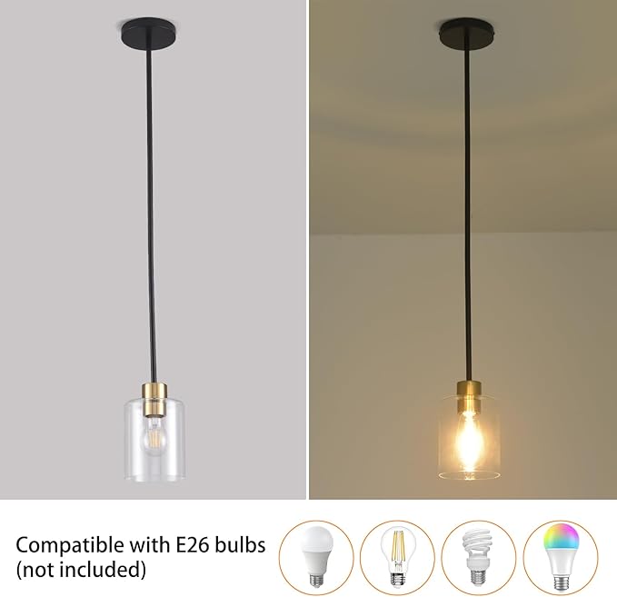 Modern 3 Pack Black Gold Pendant Lights for Kitchen Island, Brushed Brass Modern Hanging Light with Clear Glass Shade, Adjustable Metal Rod Pendant Lighting for Dining Room, Living Room, Bar, Entryway