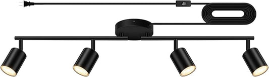 Plug in Track Lighting LED, Track Lighting Fixtures Ceiling, Black 4-Light Kitchen Light Kit, Plug in Wall Light with 14.8ft Power Cord, Rotatable Ceiling Spotlight for Bedroom(GU10 Socket, NO Bulb)