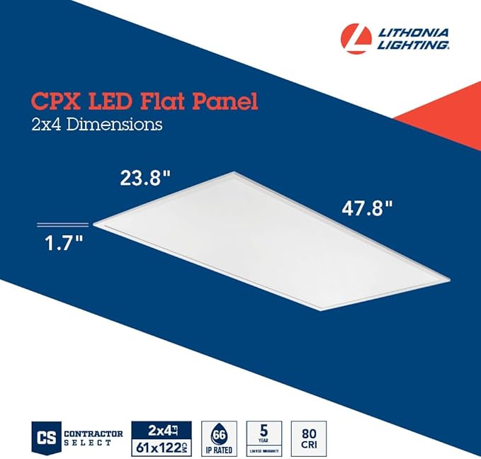 Lithonia Lighting CPX 2x4 LED Flat Panel Light, 2 Ft. x 4 Ft. LED Light Panel, Ceiling Lighting Fixture, 4000/5000/6000 Adjustable Lumens, 3500K/4000K/5000K CCT, Smooth Satin Lens, White (2-Pack)