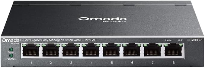 TP-Link Omada 8 Port Gigabit Easy Managed, PoE Switch, 65W Budget, PoE+ Compliant, Up to 250m PoE Distance, Auto Recovery, VLAN, Auto Loop Prevention, Fanless, Managed by Omada(ES208GP)