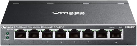 TP-Link Omada 8 Port Gigabit Easy Managed, PoE Switch, 65W Budget, PoE+ Compliant, Up to 250m PoE Distance, Auto Recovery, VLAN, Auto Loop Prevention, Fanless, Managed by Omada(ES208GP)