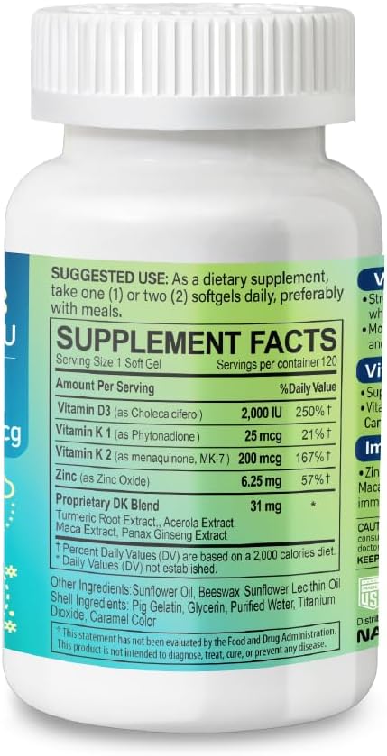 D3+K2 IMMUNEX – Vitamine D3 2000 UI, K1 25 mcg, K2 200 mcg, Zinc 6,25 mg, Mélange DK 31 mg – Soutient la santé immunitaire, le métabolisme du calcium, la fonction osseuse et musculaire – 120 gélules, approvisionnement de 120 jours