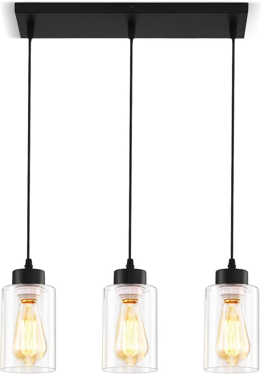 Black Chandelier,Farmhouse Light Fixtures Over Table, Dining Room Light Fixture Kitchen Island Lighting Chandeliers,Modern Pendant Light with Clear Glass Shade,Industrial Hanging Lighting