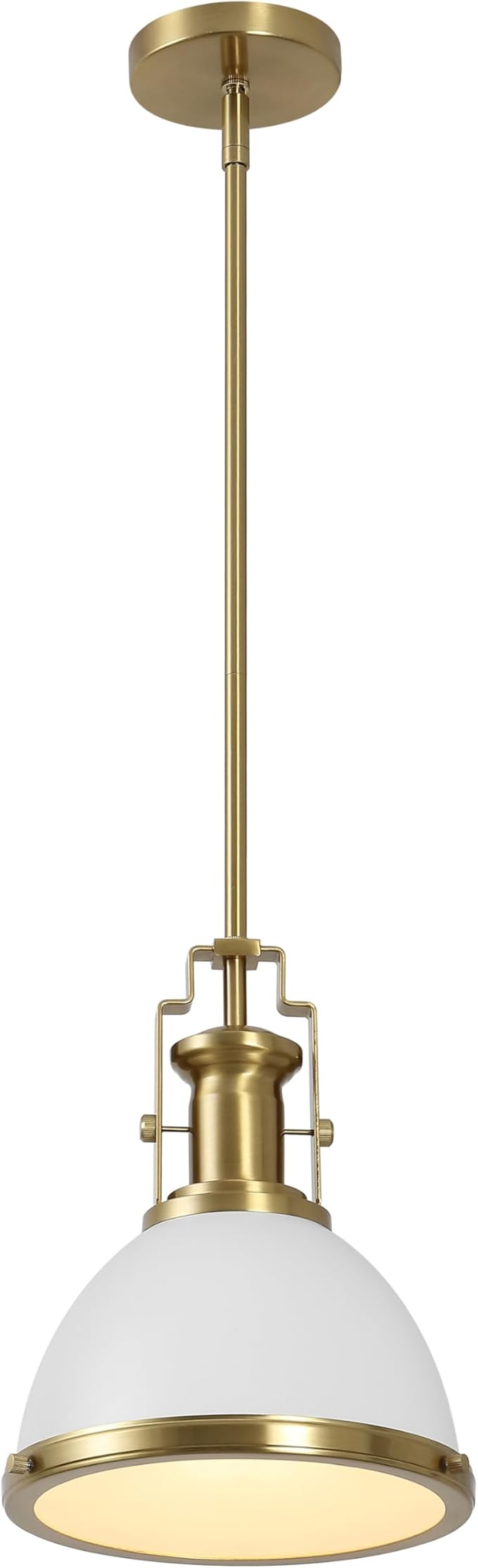 JONATHAN Y 10" Brass Gold/White Modern Industrial Iron LED Dome Pendant Light, Adjustable Hanging Fixture for Kitchen Island or Entryway, White Metal Shade, LED Bulb Included (JYL9535D)