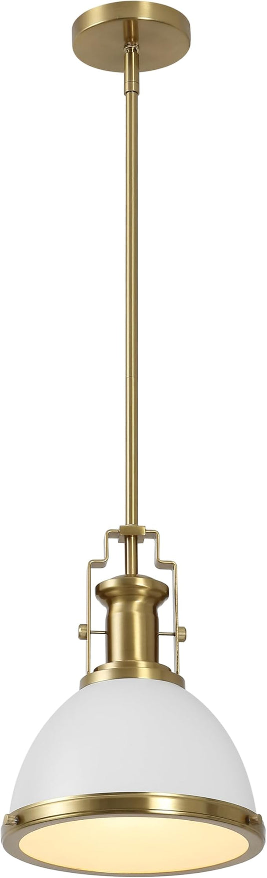 JONATHAN Y 10" Brass Gold/White Modern Industrial Iron LED Dome Pendant Light, Adjustable Hanging Fixture for Kitchen Island or Entryway, White Metal Shade, LED Bulb Included (JYL9535D)