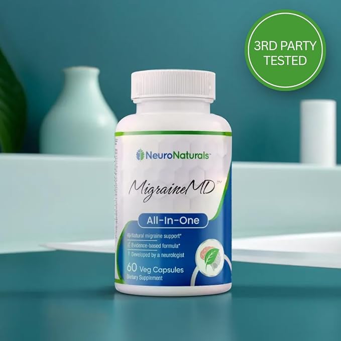 MigraineMD - Prévention naturelle des migraines, soulagement des maux de tête, CoQ10, Bisglycinate de magnésium, Mélatonine, Vitamine B2, Vitamine D3, 60 gélules