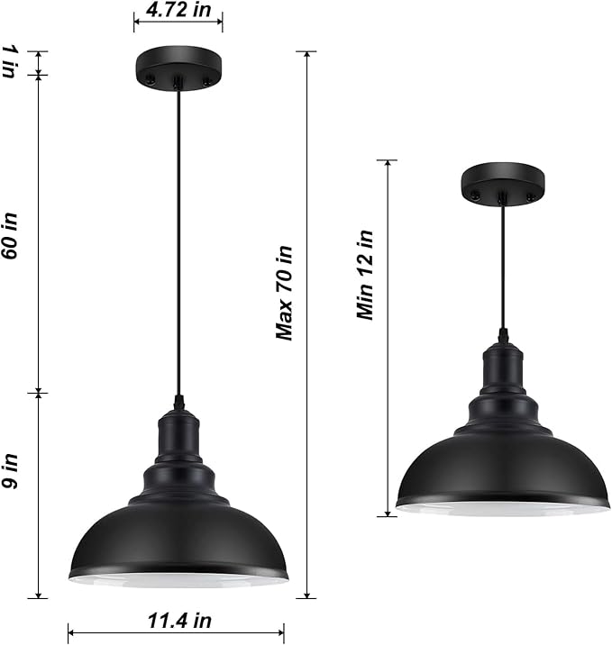 LOEHINLE 3PCS Pendant Lighting, Vintage Industrial Fixtures, Black Metal Chandelier Lights, Ceiling Lamp for Kitchen Home Island Dining Room Bedroom, 11.4 inches
