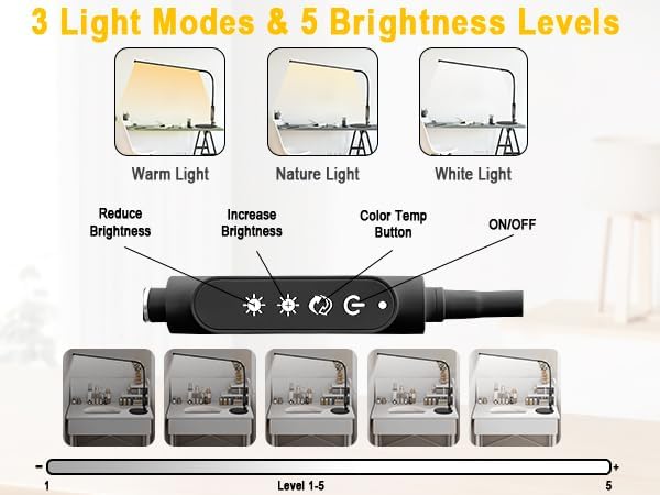 CGBE Led Desk Lamp: 360° Adjustable Nail Light for Desk with 3 Color Modes 5 Brightness, 23.6-Inch Nail Lamp for Desk for Salon Manicurist Tattoo Crafts Sewing Work Reading Game - Black