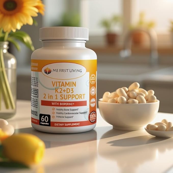 Me First Living – Complément de vitamine D3 K2 – Soutient la santé des os et du cœur – Formule sans OGM – 125 µg de vitamine D3 et 100 µg de vitamine K2 MK-7 – Complexe de vitamines D et K avec du calcium – Facile à avaler