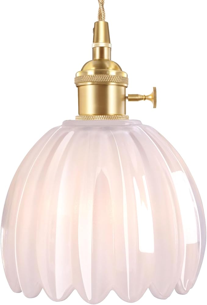 Shenmoyl Pendant Light with White Tulip Glass Lmapshade, Brass Vintage Pendant Light Adjustable Hanging Light for Kitchen Island Dining Room Hallway