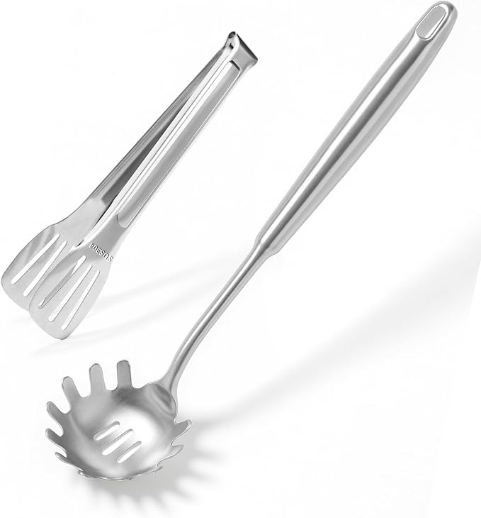 Newness 304 Stainless Steel Spaghetti Server with Teeth and Spaghetti Tong | [Rustproof, Integral Forming, Durable] Pasta Spoon with Teeth, Vacuum Ergonomic Handle, Comfortable Grip Design Pasta Server