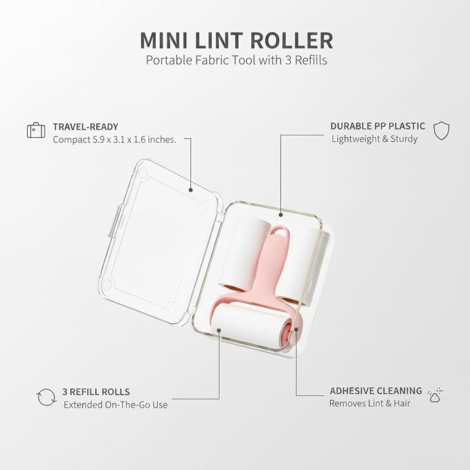 Lint Remover Mini Roller with 3 Refills, Compact Adhesive Fabric Cleaner for Travel and Daily Use, Durable PP Plastic Handle