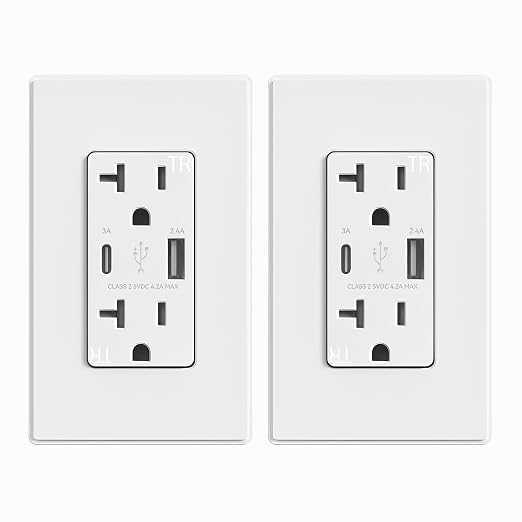ELEGRP USB Charger Wall Outlet, USB Receptacle with Type A & Type C USB Ports, 20 Amp Duplex Tamper Resistant Receptacle Plug, Wall Plate Included, UL Listed (2 Pack, Matte White)