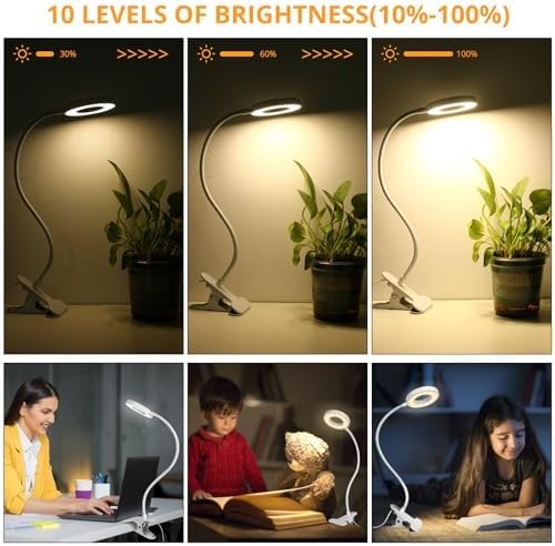 Woputne Desk Clip on Lamp for Reading Home Office, with 5V 2A Adapter, 10 Dimmable Brightness 3 Modes, Clamp Reading Light for Bed Headboard, Craft (White)…
