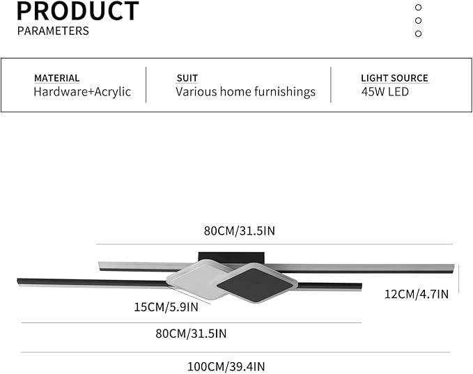 Qcyuui Linear Ceiling Light Modern LED Ceiling Lamp Dimmable Acrylic Ceiling Lighting Fixture with Remote Control for Bedroom Kitchen Dining Room Cloakroom Hallway(45W/39.4in/Linear Square)