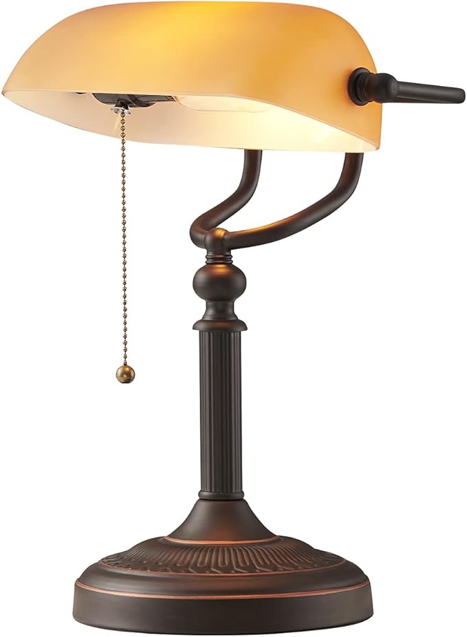 Matted Orange Glass Bankers Desk Lamp with Pull Chain Switch Plug in Fixture
