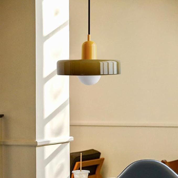 Mid Century Modern Pendant Light Orange Green Glass Hanging Light Nordic Large Single Lamp Vintage Farmhouse Dining Room Chandelier Over Table Kitchen Island Bedroom Hallway Restaurant