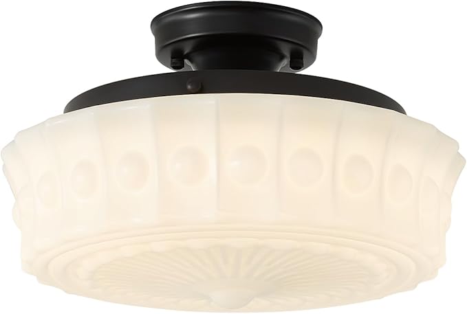 youngrender 14" Milk Glass Schoolhouse Light Fixture, Vintage Black Flush Mount Ceiling Light,Mid Century Schoolhouse Ceiling Light for Bedroom Kitchen Hallway Entryway Foyer