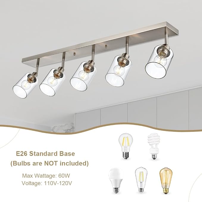 5 Light Indoor Vanity Lights with Clear Glass Shade,Black Bathroom Spotlight Fixture with Rotatable Light Head Metal Ceiling Light Fixture